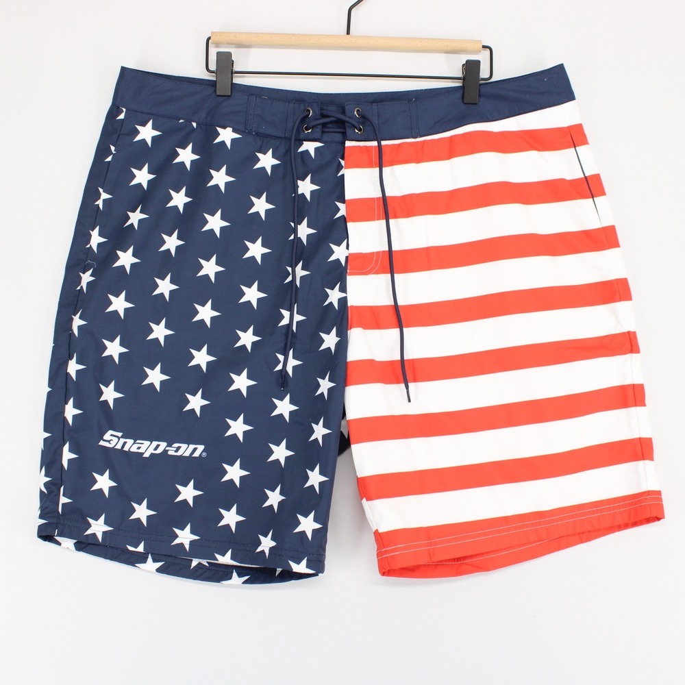 Snap On Board Shorts Mens XXL Red White Blue Stars Stripes USA Flag Swim Trunks